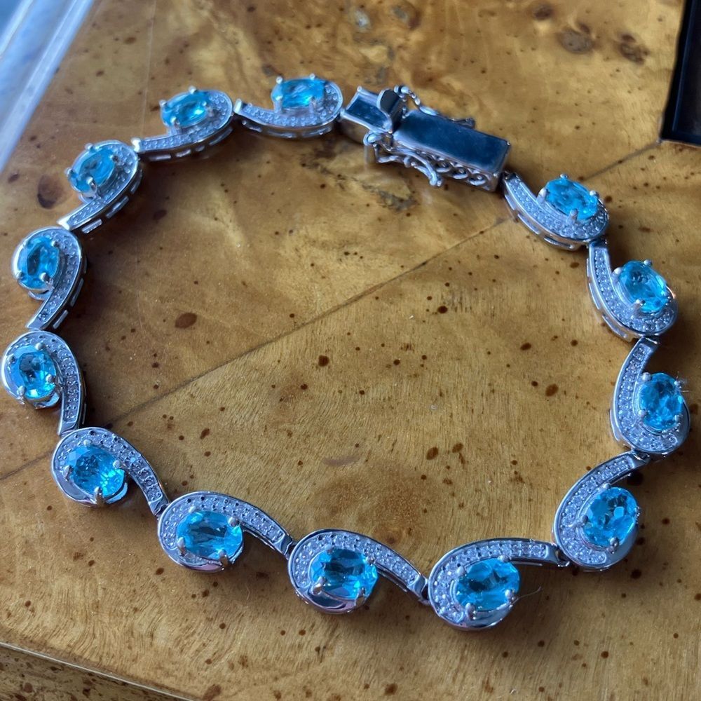 Natural Paraiba Apatite Moissanite Sterling Silver Bracelet